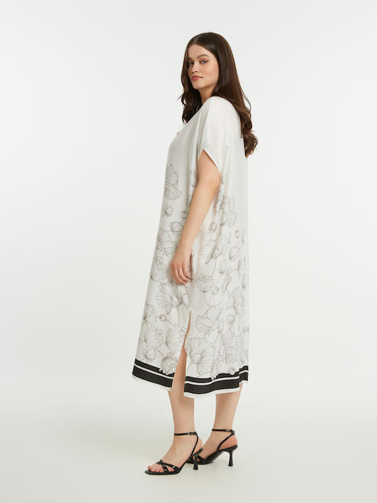 Rochie De Vară Pentru Femei Midi Rochie-Cămașă Satin Floral 8501.7034-White