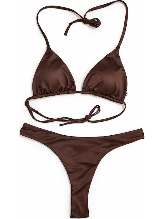 Set Bikini Τριγωνάκι με Αφαιρούμενη Ενίσχυση & String Καφέ