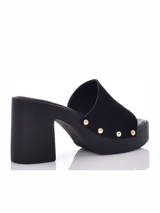 Suede Mules με Τακούνι σε Μαύρο Χρώμα