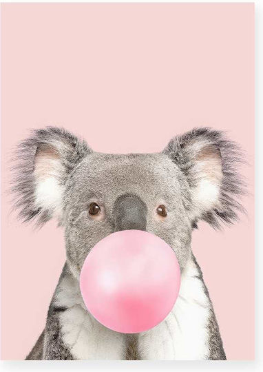 Kids Wall Art Koala With Pink Bubble With Black Frame Wooden 40x50cm