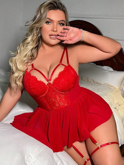 Roza Rz1058 Plus Size Sexy Babydoll Red Lingerie Set Lace & Garters