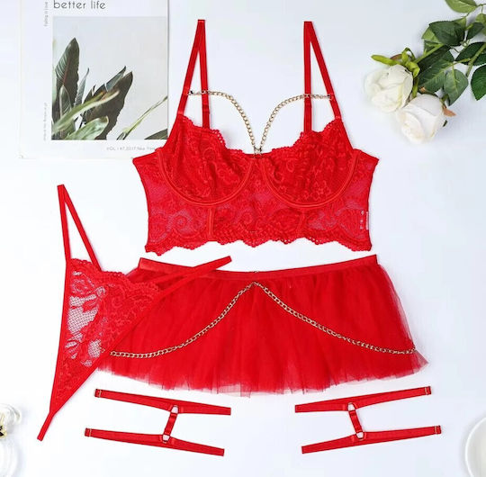 Roza Rz121 Women Sexy Lingerie Set 5 Pieces Transparent Lace & Red Garters