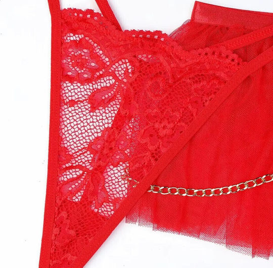 Roza Rz121 Women Sexy Lingerie Set 5 Pieces Transparent Lace & Red Garters
