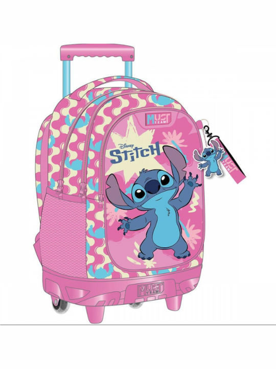 Must Team Stitch School Trolley Bag for Elementary Pink with Water Bottle Holder 30lt