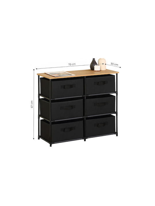 Kommode Stoff Nisos-6 Eiche 6 Schubladen Stoff Schwarz 76x30x68cm Schwarzer Metallrahmen
