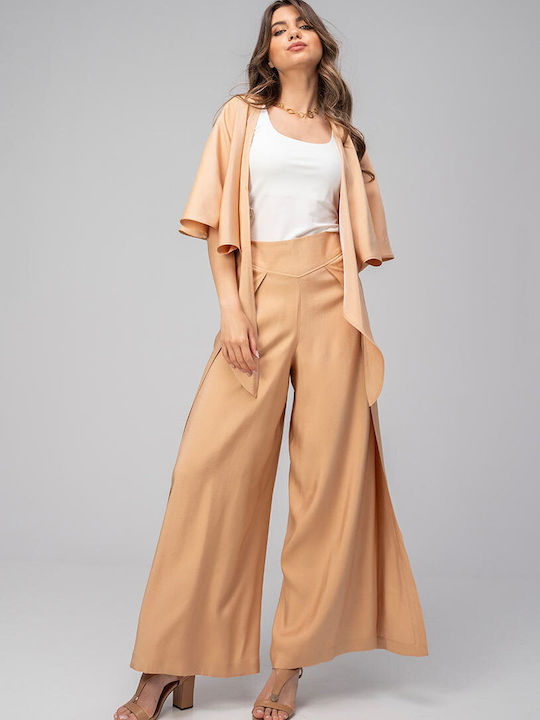 Gizel Pantaloni Dama Palazzo Cu Talie Înaltă Bej Fit