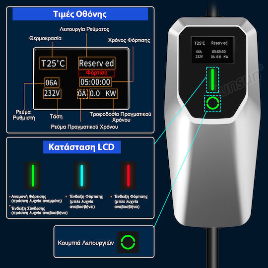 Junsun Преносим Трифазен Зарядно Устройство 11kW с Вграден Кабел 8m Тип 2