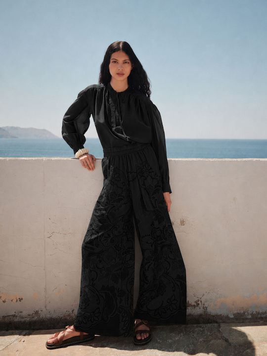 Bluza Damă Mânecă Lungă cu Decolteu în V Neagră