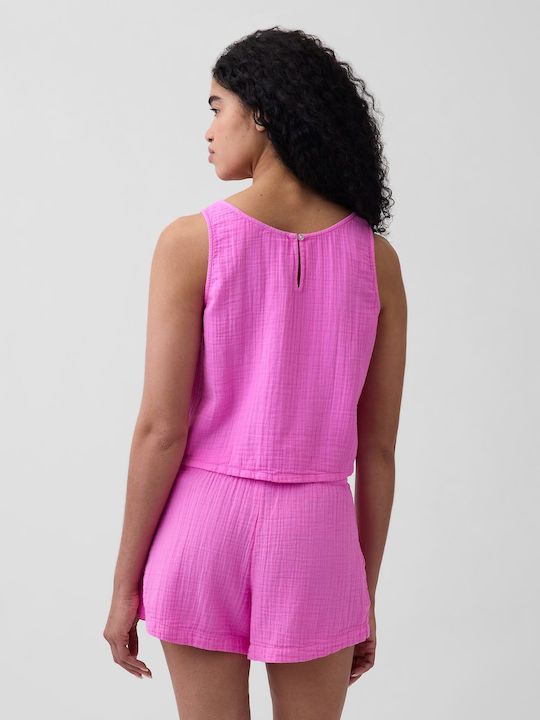 Women's Crop Cotton Sleeveless Checked Neon Pink Glow Top