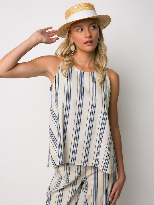 Women's Cotton Sleeveless Striped Blue Blouse