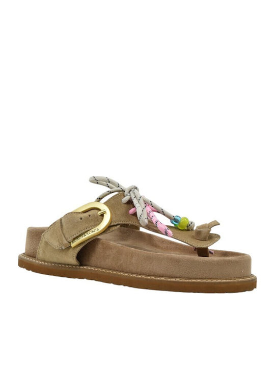 Leather Women's Flat Sandals Beige E610-Beige