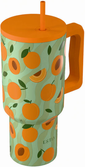 Estia Straw Tumbler XL Save The Aegean Recyclable Handled Thermos Stainless Steel BPA Free 900ml Peach Garden with Straw and Handle