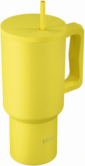 Estia Stroh Becher XL Save The Aegean Recycelbarer Handgriff Thermosflasche Rostfreier Stahl BPA-frei 900ml Sunbeam mit Stroh und Handgriff