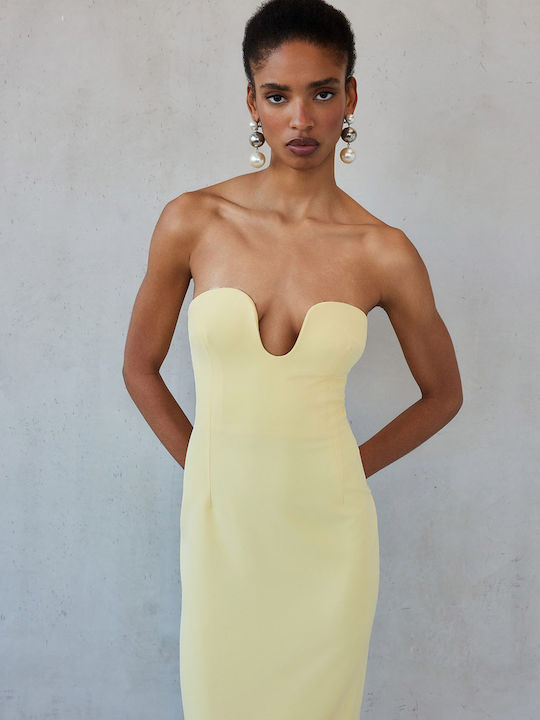 Summer Midi Evening Dress Strapless Butter Yellow