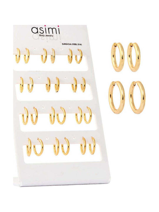 Asimi Body Piercing Men's Earrings Hoops Steel Gold Plated with Stones