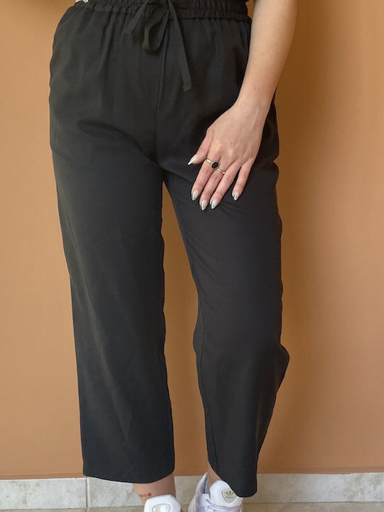 Women's High Rise Fabric Trousers with Rubber Band Black