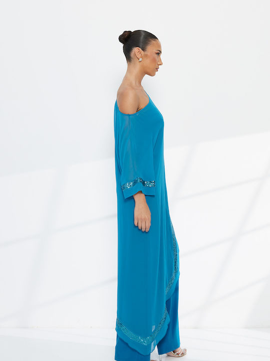 Women's Fabric Trousers Turquoise with Sequins