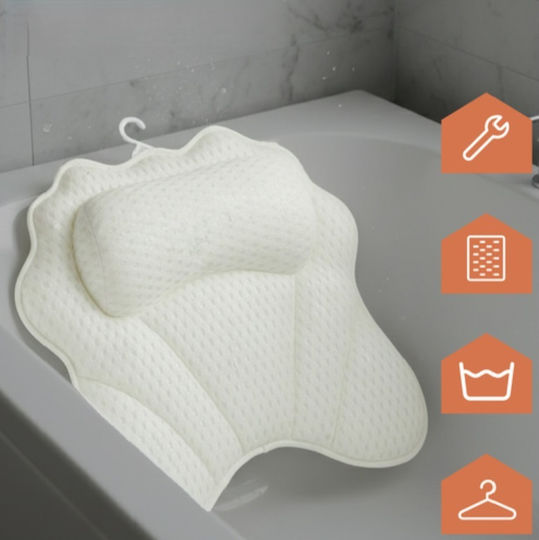 Perna Relaxantă Pentru Cadă 6 Ventuze Antiderapante Suport Pentru Gât Tetieră Design Ergonomic Ușor De Uscat Spălat Cu Cârlig De Agățat Dimensiuni 43 X 40 Cm Material Poliester Alb