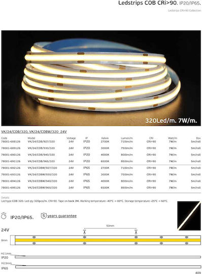 VK Lighting Waterproof LED Strip 24V Warm White Light 5m COB Type