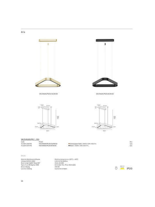 VK Lighting Pendant Ceiling Light Gold LED with Warm White Light