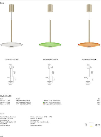 VK Lighting Висящо Осветително Тяло Бял LED с Топло Бяла Светлина