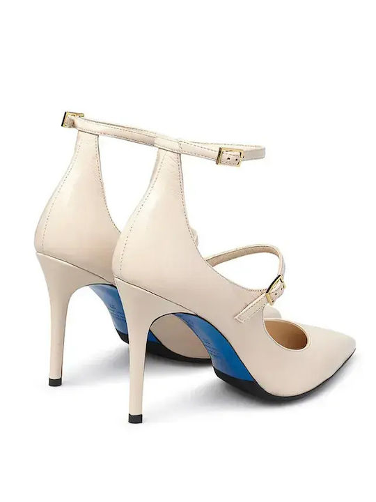 Leather Pointed Toe Heels with Strap & High Beige Heel