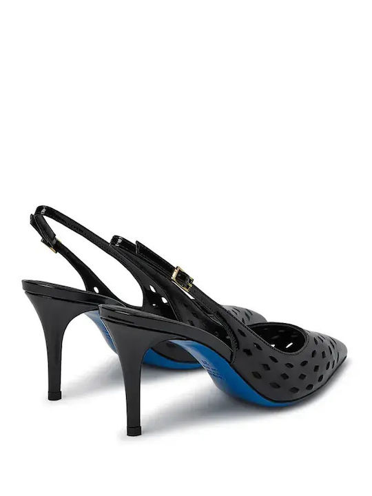 Pointed Toe Heels in Patent Leather with Strap & High Black Heel