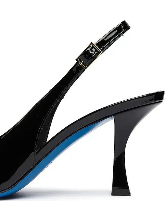 Pointed Toe Heels in Patent Leather with Strap & Mid Heel Black