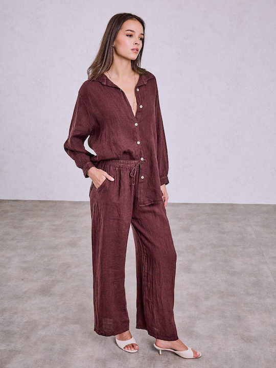 Celestino Damenhemden Monochrom Leinen Loose Fit Burgundisch