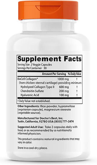 Doctor's Best Hyaluronic Acid + Chondroitin Sulfate with Biocell C Supplement for Joint and Bone Health 60 Capsules