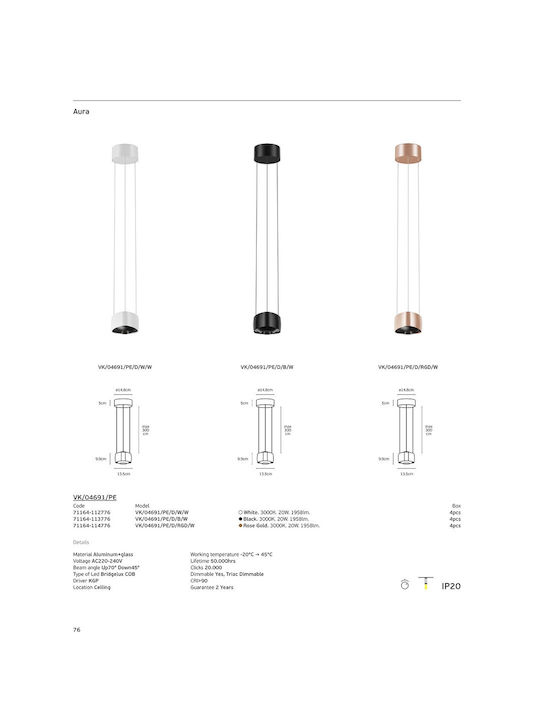VK Lighting Κρεμαστό Φωτιστικό Λευκό LED με Θερμό Λευκό Φως