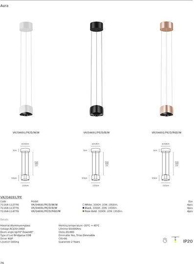 VK Lighting Lumini Suspendate Alb LED Cu Lumină Alb Cald