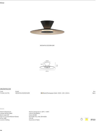 VK Lighting Deckenleuchte Schwarz mit Integrierte LED