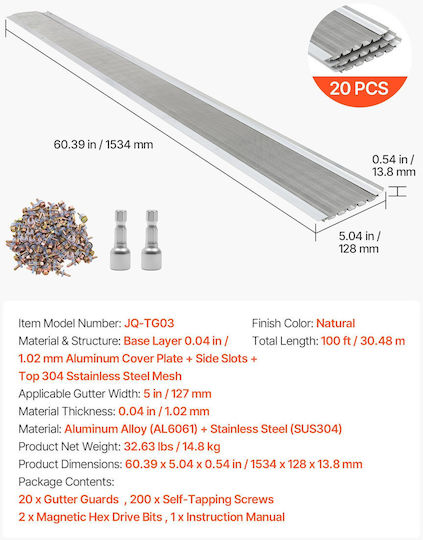 Vevor Gutter Gutter Aluminum Gutter Cover 127 Mm Fine Mesh Stainless Steel Heavy Duty Length 30.48 M Thickness 1.02 Mm Protective Debris Sheet Pine Needles Easy Diy Includes Screws 20 Pcs
