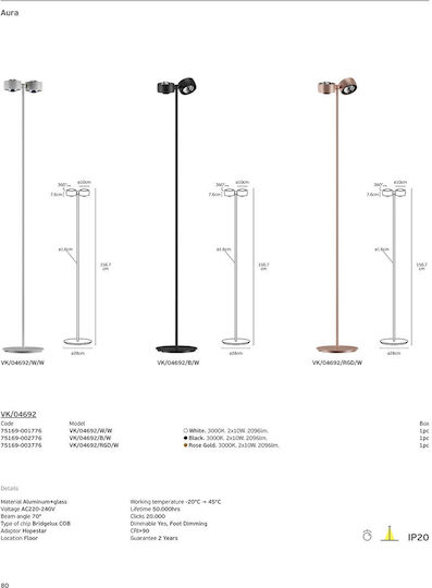 VK Lighting LED Floor Lamp H156.7cm with Warm White Light 2096lm White