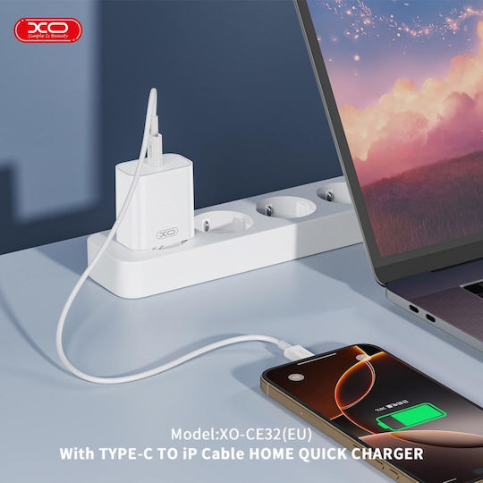 XO Ladegerät mit USB-C Anschluss und Kabel USB-C - Lightning 20W Stromlieferung Weißs (CE32)