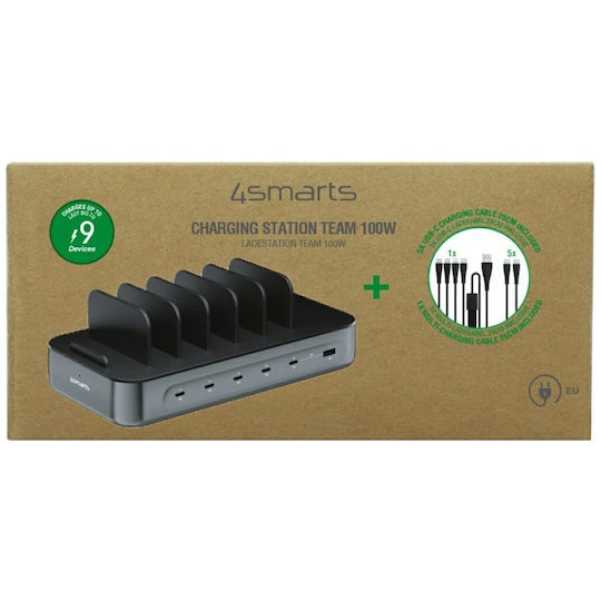 4Smarts Charging Station with USB-A Port and 5 USB-C Ports 100W in Black Colour 541805