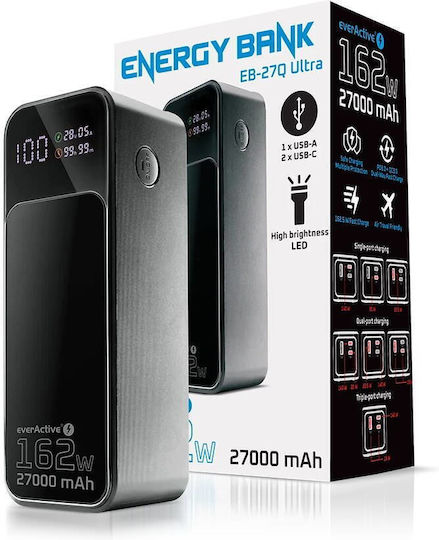 everActive EB-27Q Power Bank 27000mAh 162.5W mit USB-A Ausgangsanschluss und 2 USB-C Ausgangsanschlüsse Power Delivery / Schnellladung / PPS Schwarz