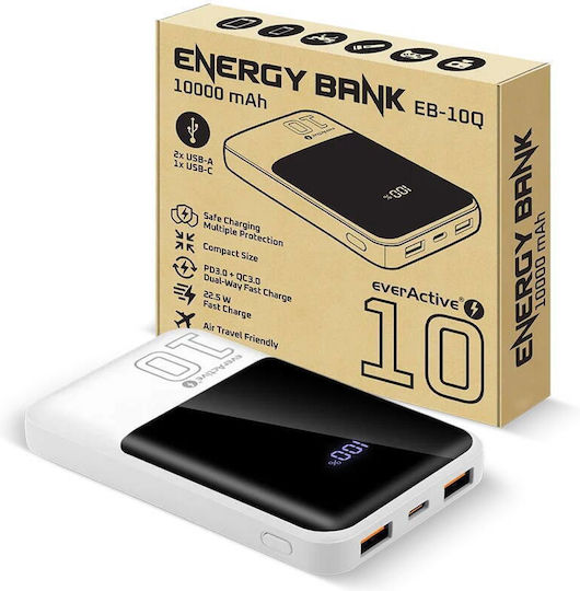 everActive EB-10Q Външна Батерия 10000mAh 22.5W с 2 USB-A Изходни Порта и USB-C Изходен Порт Бързо Зареждане Бяла