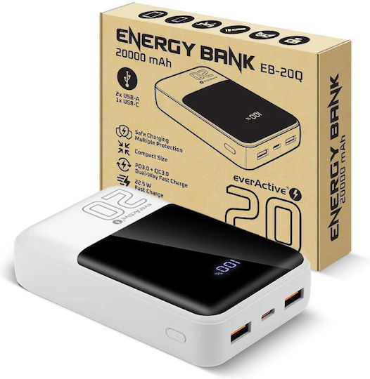 everActive EB-20Q Външна Батерия 20000mAh 22.5W с 2 USB-A Изходни Порта и USB-C Изходен Порт Power Delivery / Бързо Зареждане / PPS Бяла