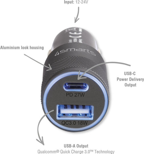 4Smarts Rapid Зарядно за кола 27W Бързо Зареждане с Портове: 1xUSB 1xType-C Сив Цвят
