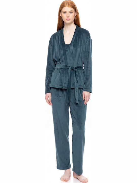 Pink Label Winter Women's Velvet Robe with Pajamas