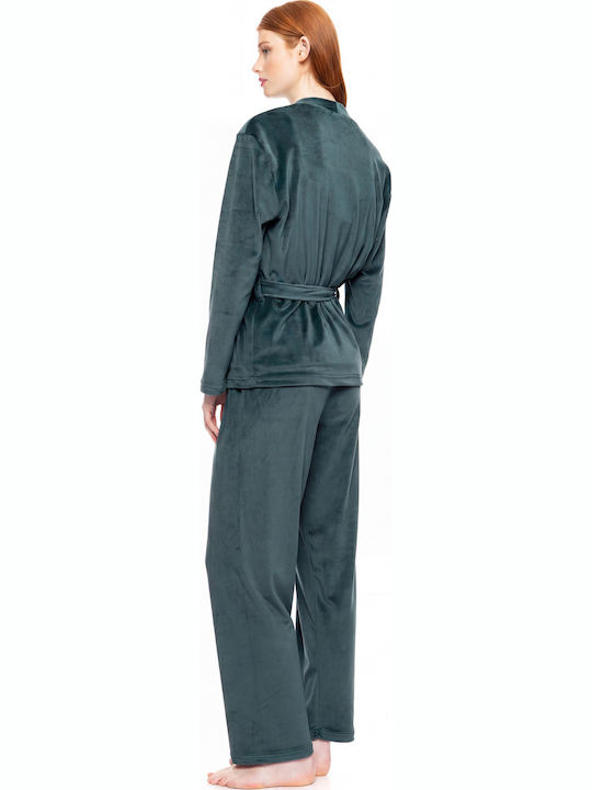 Pink Label Winterschlafanzug & Pyjamas Für Damen Dunkelgrüner Samt Bademantel mit Schlafanzug