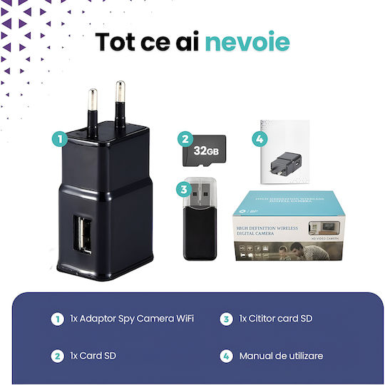 Cameră Spion Ascunsă În Încărcător Usb Wifi Card 8gb Full Hd 1080p Detectare Mișcare Aplicație Hdlivecam Vizualizare Live Înregistrare În Buclă Design Discret