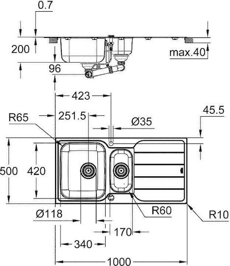 Grohe K500 Drop-In Кухненски Мивка Inox Дължина 97xШирина 50см Сребрист