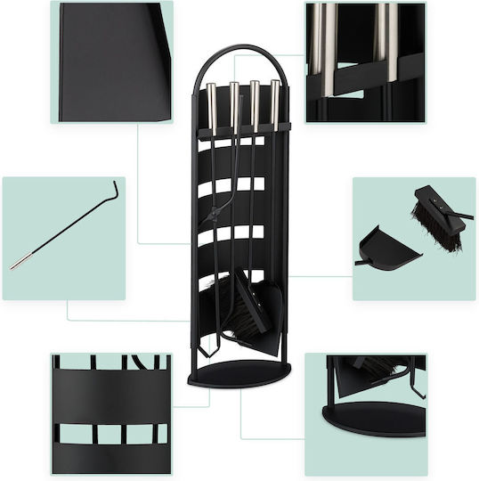 Relaxdays Set De Unelte Și Accesorii Pentru Șeminee Cu Suport Negru