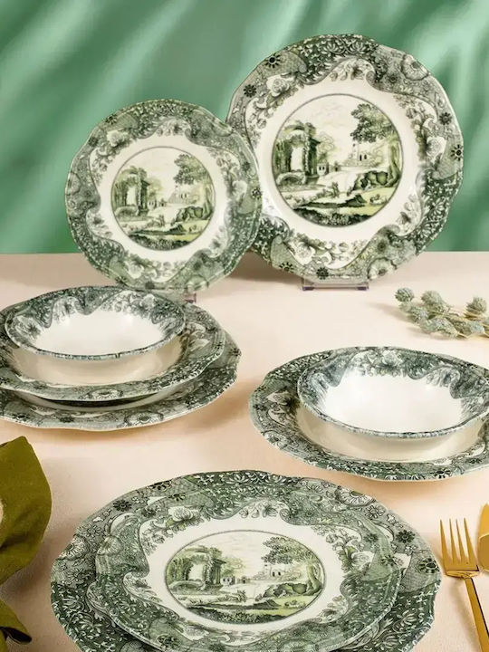 Set Farfurii Porțelan 24 Bucăți Set De Mese Peisaje Smarald Pentru 6 Persoane 25x25cm