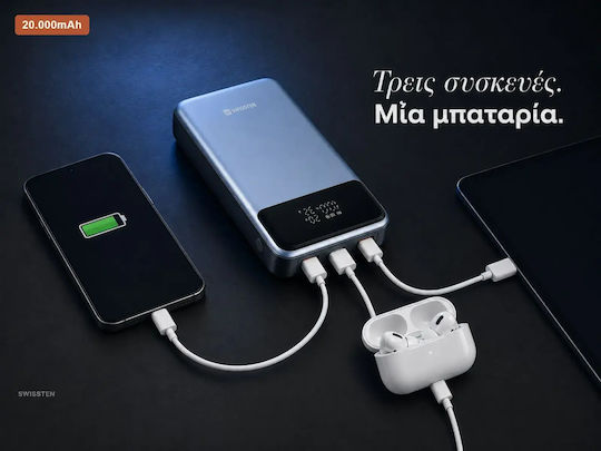 Swissten Laptop Power Bank 20000mAh 100W with 2 USB-A Output Ports and USB-C Output Port Power Delivery Gray