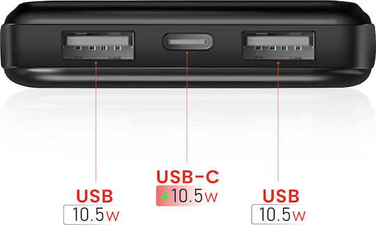 Swissten Power Bank 10000mAh 10.5W με 2 Θύρες USB-A και Θύρα USB-C Μαύρο