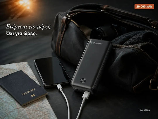 Swissten Power Bank 20000mAh 10.5W με 2 Θύρες USB-A και Θύρα USB-C Μαύρο